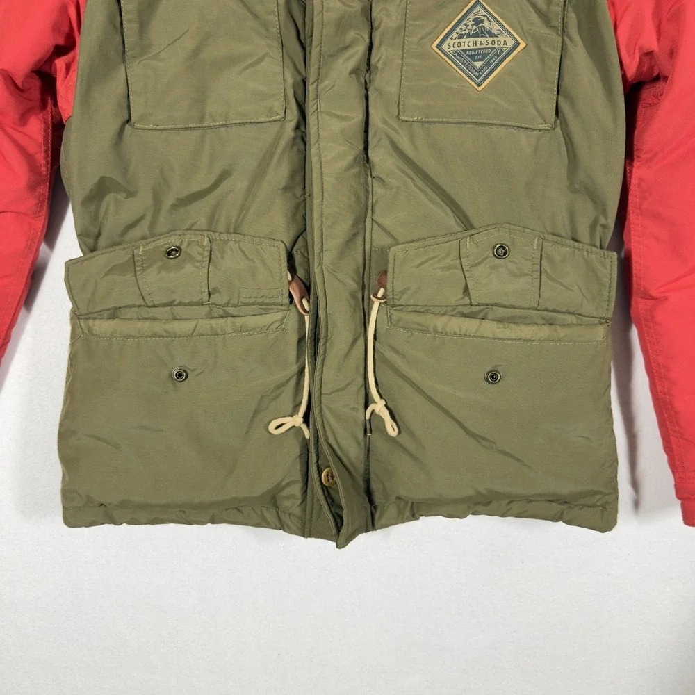 Scotch & Soda Hooded Puffer Jacket Mens S Red Green Sherpa Lined Parka‎